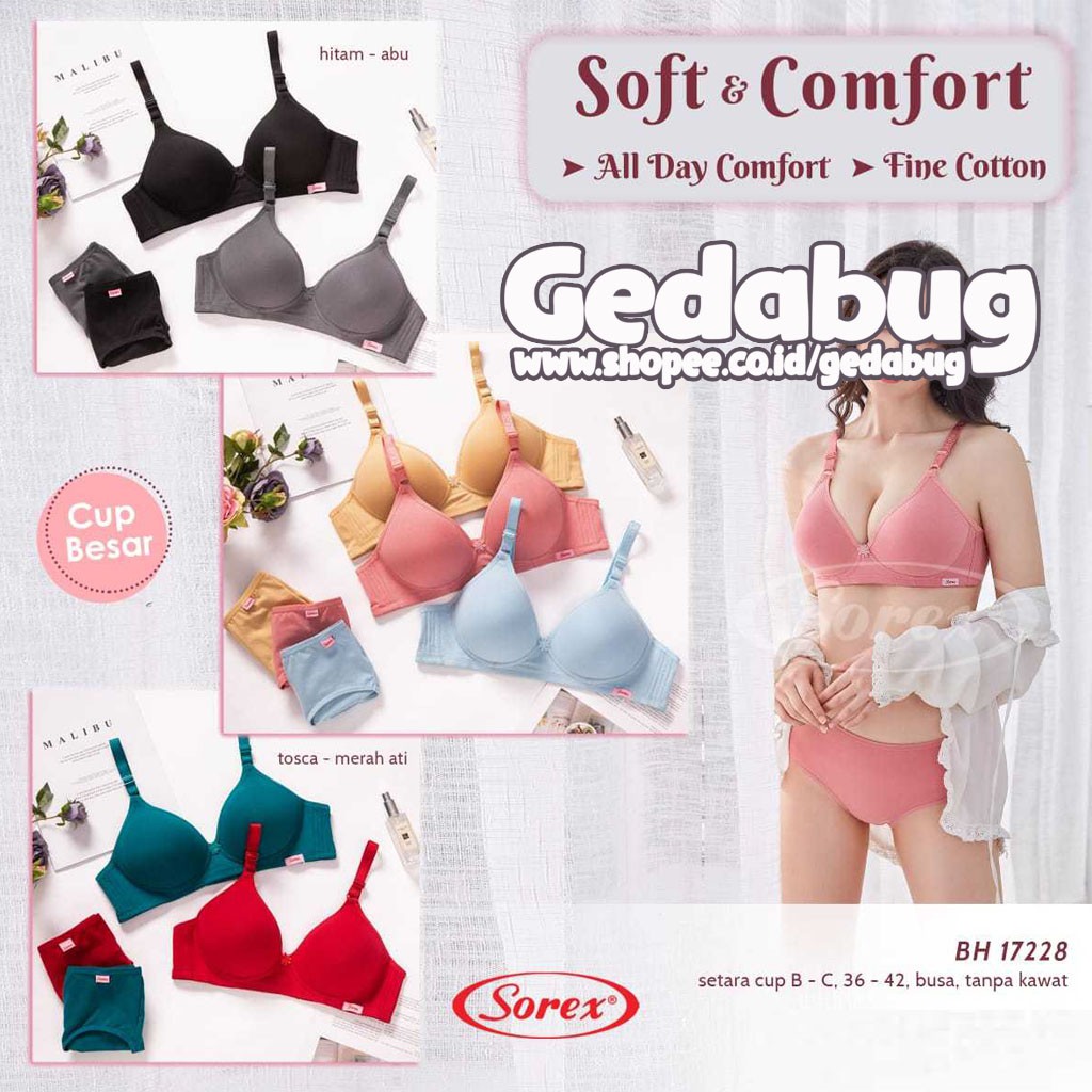 Bra Sorex 17228 Busa Tanpa Kawat Bh Sorex Soft Comfort Kait 3 Cup B