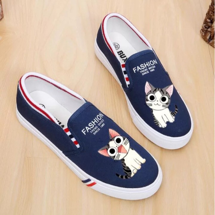 Fiadi Sepatu Wanita Slip On Cat Cute Printing Murah - Dongker Dan Putih