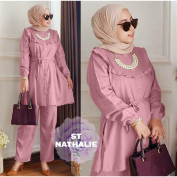 Setelan Wanita Kekinian 2021 Gamis Brokat Baju Lebaran Nathalie Fit L XL Bahan Moscrepe BusuiSetelan