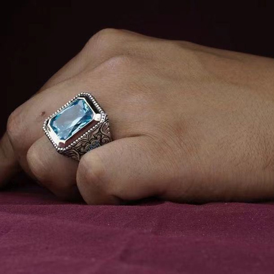 Aquamarine Sterling Perak Cincin Kristal Vintage Baja Titanium Fashion Pria Punk Rings