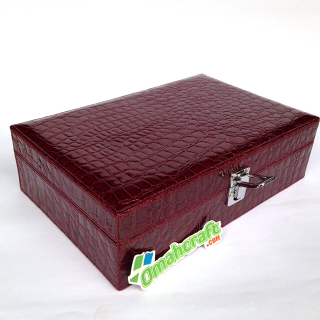 Box Aksesoris / Kotak Perhiasan Koper Motif Croco Maroon Dalam Crem
