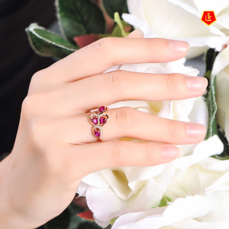 [Ready Stock]Korean Style Creative Branch Ruby Silver Ring Female