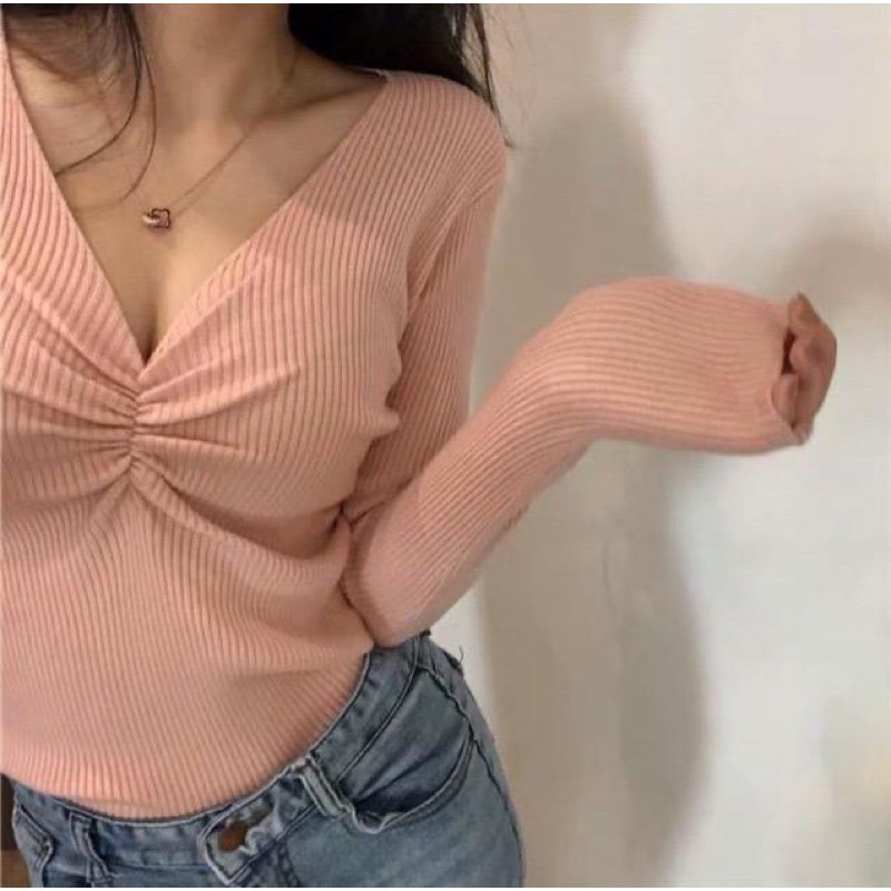 JT - 123007 Knitwear Blouse Import Wanita Lengan Panjang Wanita Vintage Sweater Rajut Wanita / Atasan Wanita V neck Rajut Lengan Panjang Knit Lembut