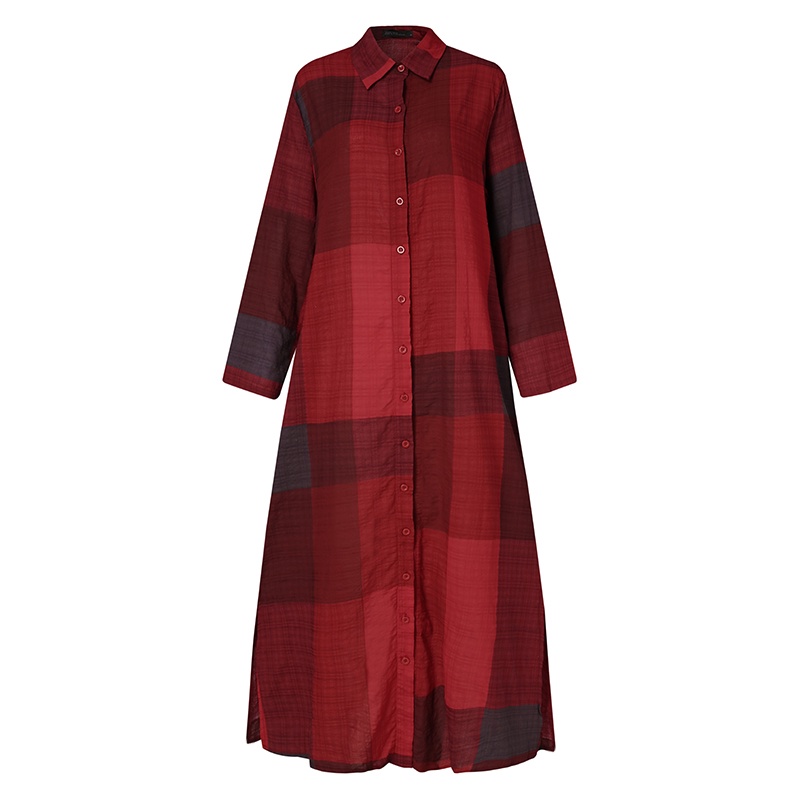 ZANZEA Women Turn-down Collar V-Neck Long Sleeve Plaid Long Dress