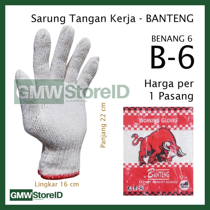 [1/3/6 Pasang] Sarung Tangan Kerja Benang 6 BANTENG Safety Gloves Putih Rajut B6 W874