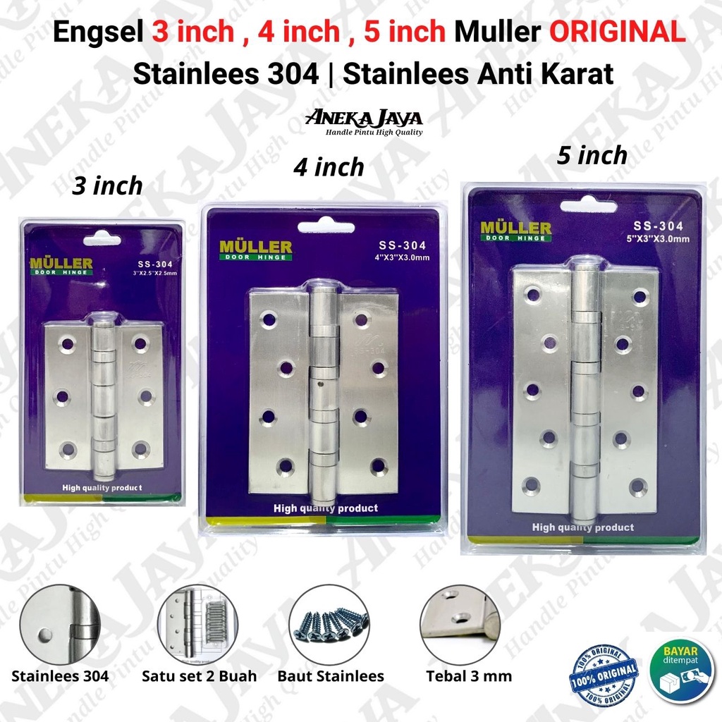 Engsel 3 inch , 4 inch , 5 inch Muller Stainlees 304 ORIGINAL /Engsel stainlees 304 tebal anti karat Awet / Engsel Pintu Jendela rumah