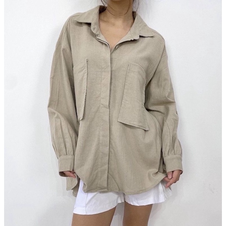 Kemeja Linen Oversize Wanita - Atasan Wanita - Linen Cringkle Shirt