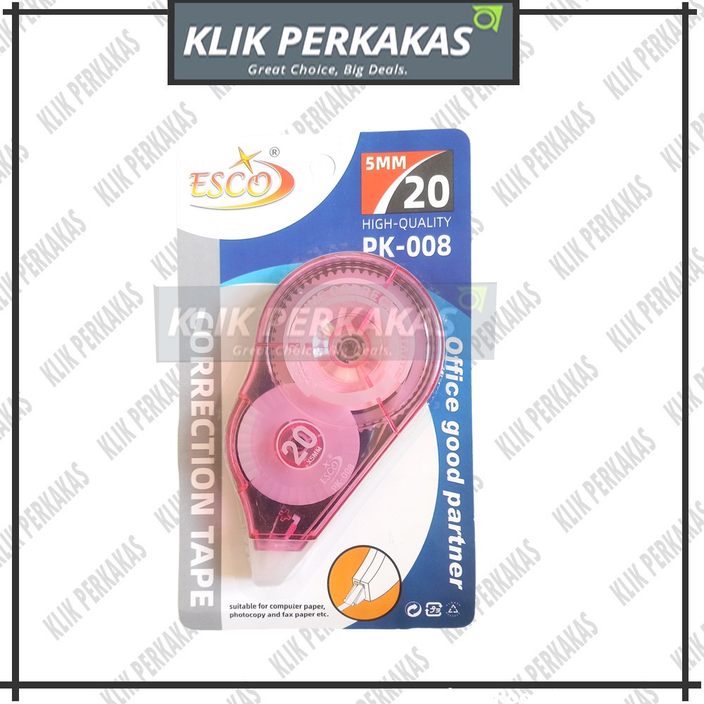 ESCO Correction Tape / Tip Ex Kertas / Pita Koreksi 20 30 Meter Warna Pastel Tidak Mudah Terputus