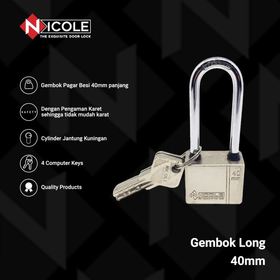 Nicole Gembok Pintu Rumah Besi / Gembok Pagar / Padlock Long 40mm Leher Panjang