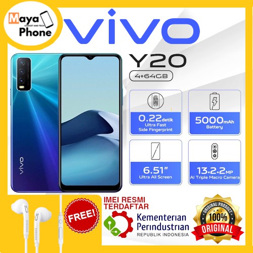 VIVO Y20 RAM 4GB ROM 64GB GARANSI RESMI Handphone vivo hp vivo y20 terbaru