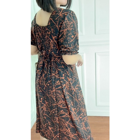 DRESS ELEGANT BAJU RAYON DRESS MIDI TALI IKAT BELAKANG KERAH KOTAK