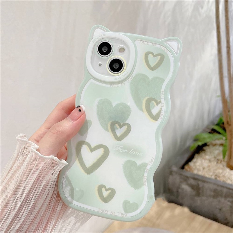 Soft Case Bahan Kulit Anti Jatuh Untuk Compatible for iPhone 14 13 12 11 Pro Max iPhone X Xr Xs Max SE 2020 iPhone 8 7 6 6s Plus Fashion Love Heart Transparent Phone Case Square Straight Cube Shockproof Cat Ear Phone Case Anti-fall Soft TPU Back Cover