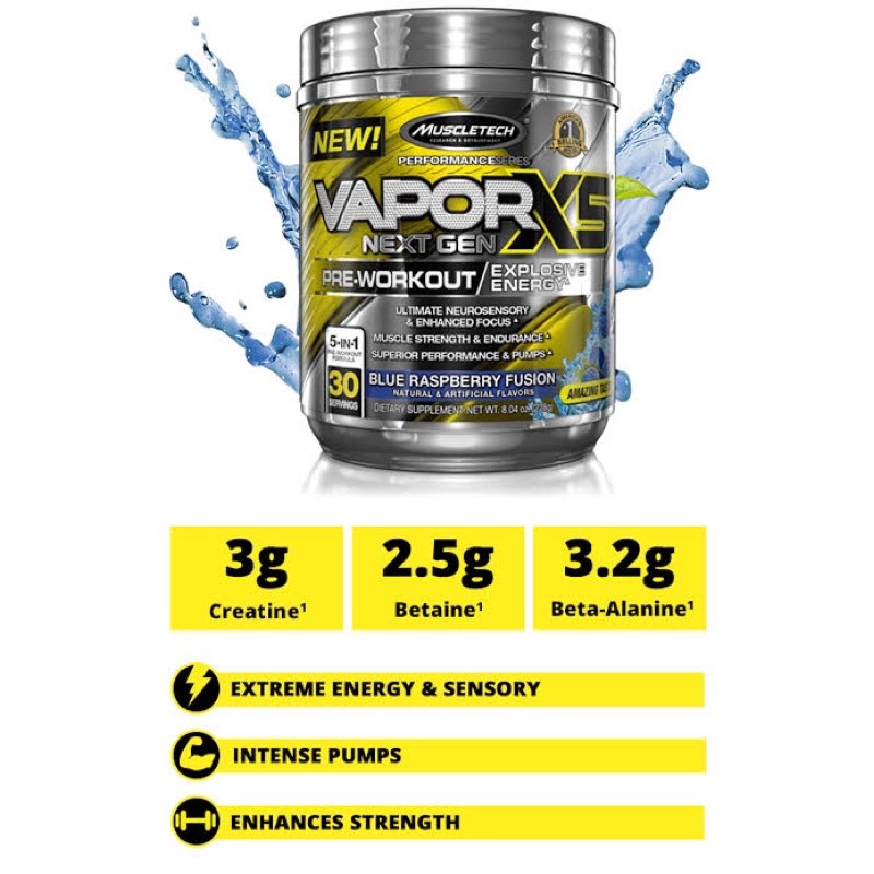 MUSCLETECH VAPOR X5 PRE WORKOUT 30 SERVING SUPLEMEN GYM MAKANAN FITNES STAMINA WORKOUT POWER