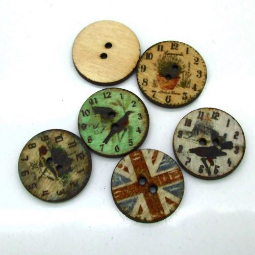 Kancing Kayu Dua Lubang - Round Clock and Flag Style (10 pcs)