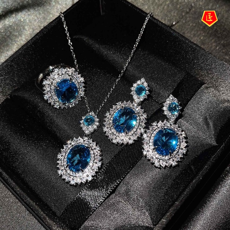 [Ready Stock]New Luxury Sea Blue Topaz Necklace Ring Earings Set