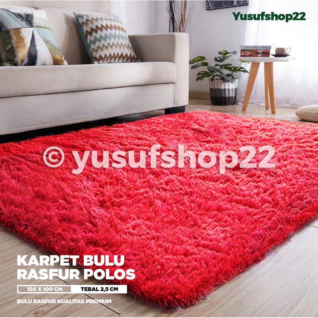Karpet Bulu Rasfur Polos Warna Merah / Karpet Polos Ukuran 200x140 cm Tebal 2,5 cm