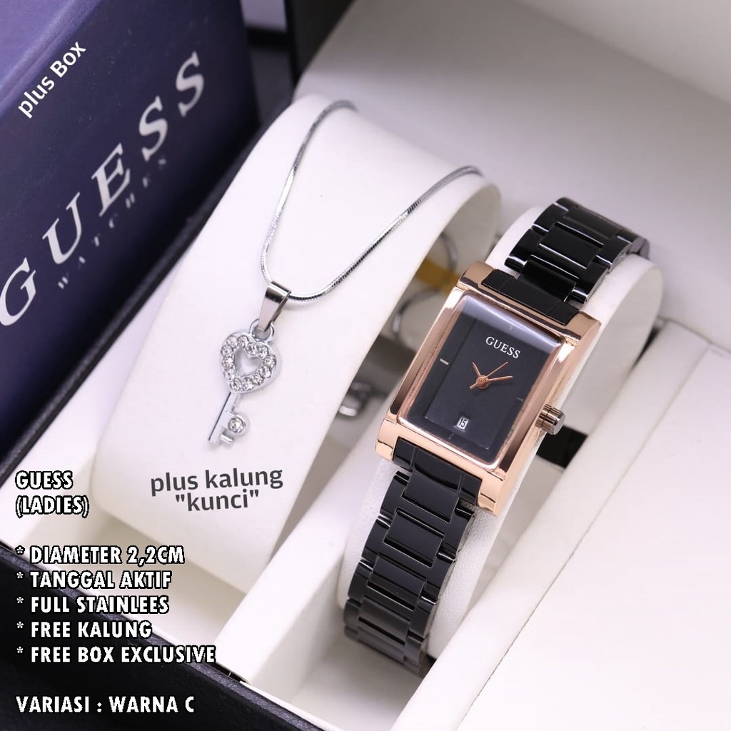 (FREE BOX) JAM TANGAN WANITA GUESS RANTAI BODY SEGI TANGGAL AKTIF FREE KALUNG