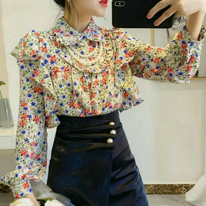 2569 Baju atasan blouse lengan panjang ruffle rempel motif bunga hijau hitam putih Korea Korean styl