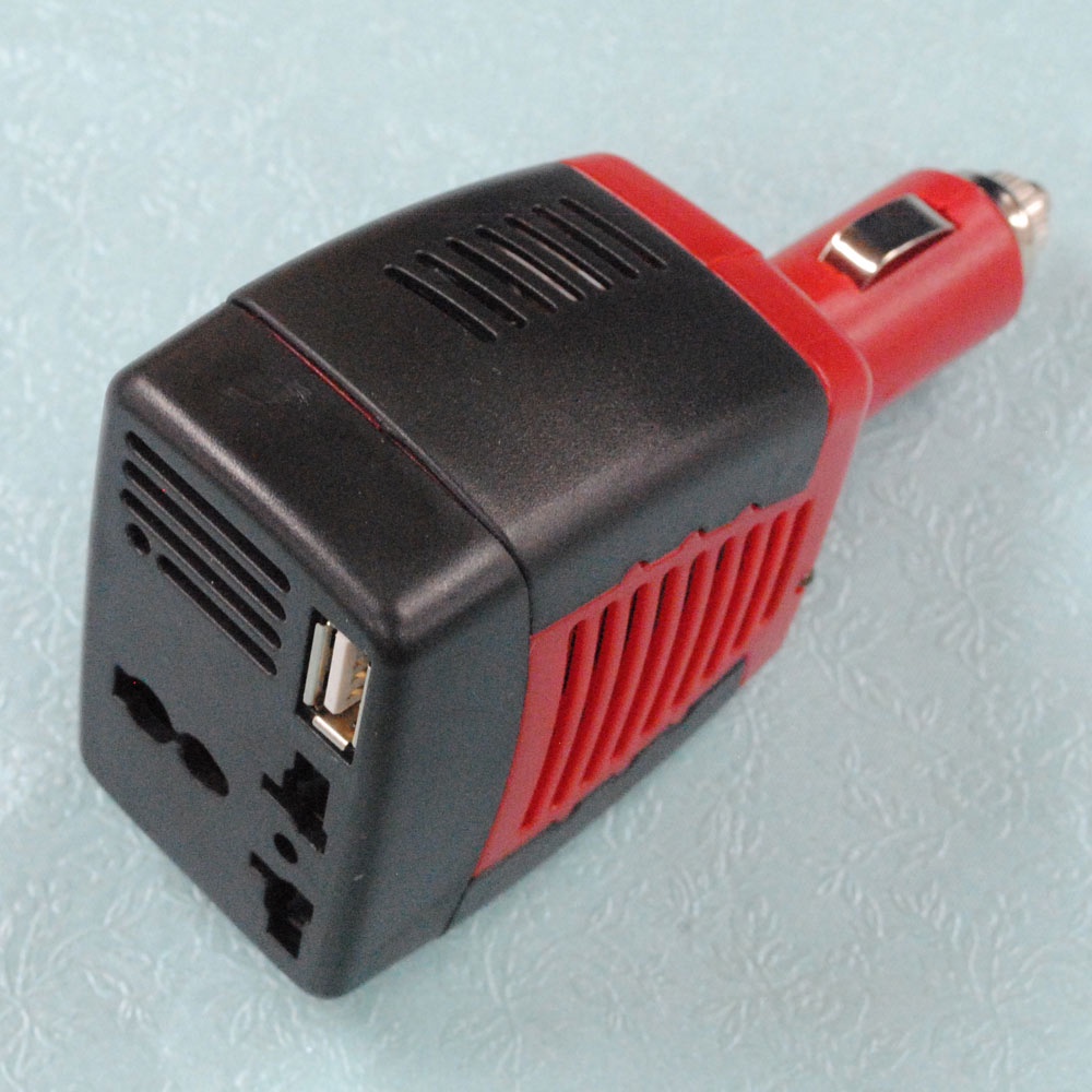 Power Car Inverter 75W 220V AC EU Plug with USB Charger 2.1A - Black/Red