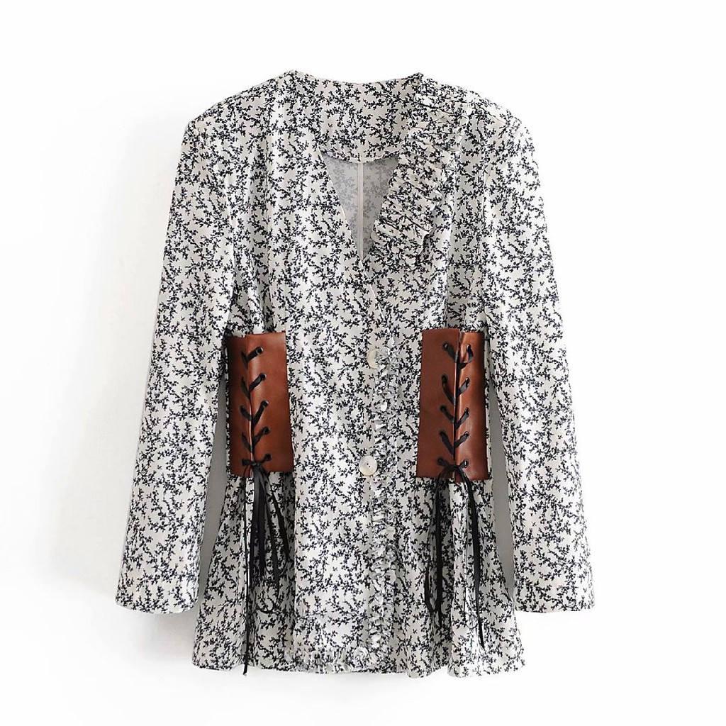 Mini Dress Motif Warna Putih Lengan Panjang Pattern Dress Korea White Ruffle