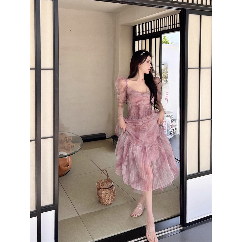 Suhao pink mesh lengan pendek gaun sifon wanita musim panas manis gadis panas angin lembut tie-dye t