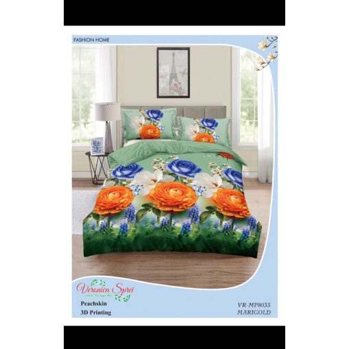 sprei microtex motif bunga mawar orange biru hijau