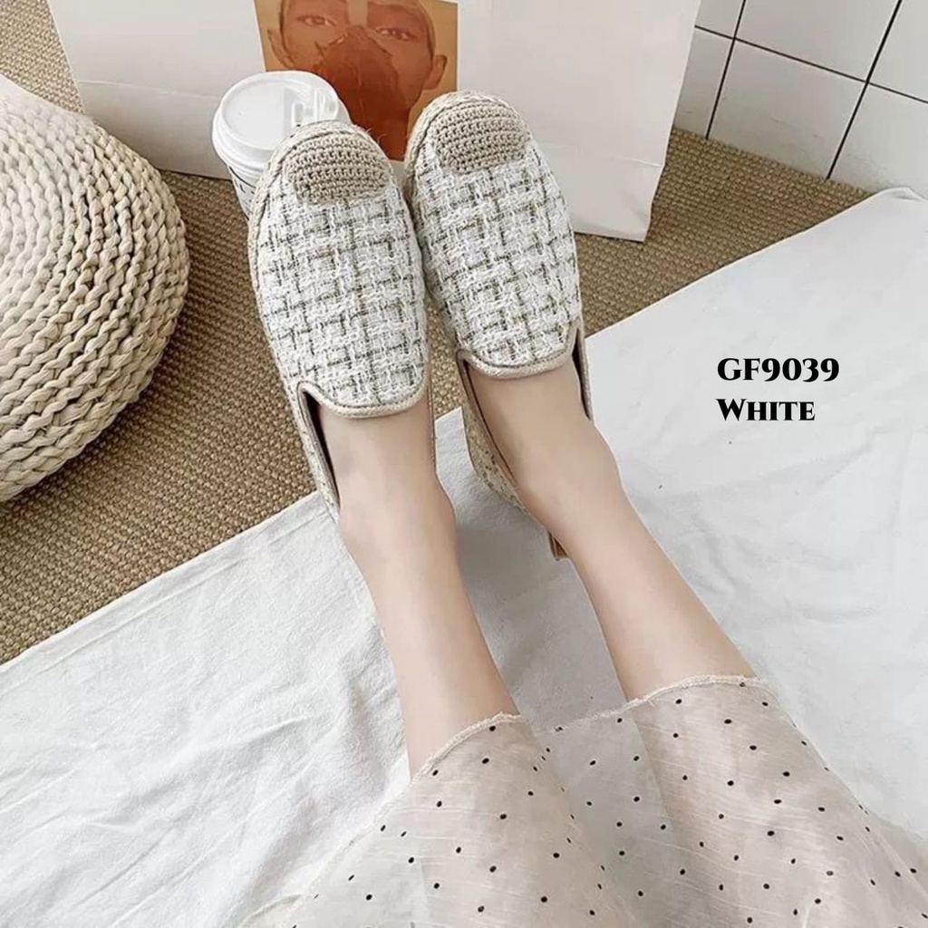 PRF Sepatu Flat shoes Linen Cloth Checkered Plaid Round GF9039