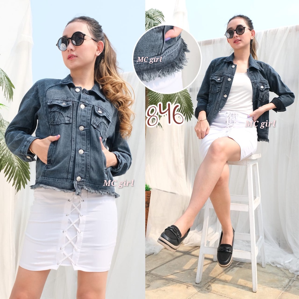 ( Bisa COD ) MC girl - Jaket Jeans Snow Hitam Rawis Wanita / Jaket Lepis Snow Black Rumbai / Outer Denim Snowblack Cewe / Non-Stretch