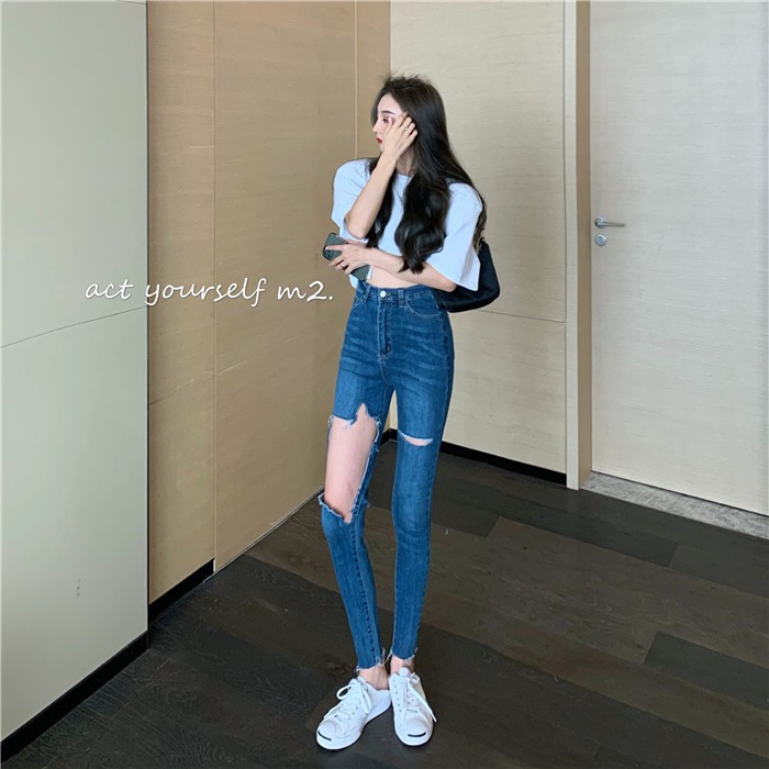 Baru Fashion Tinggi Pinggang Robek Keren Kurus Celana Slim Fit Pensil Celana Jeans