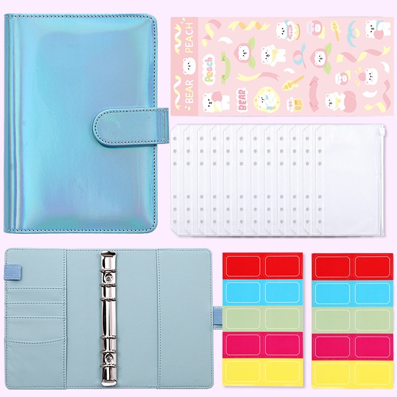 A6 Laser Binder Notebook Planner Amplop Uang Kertas Penyimpanan Buku dengan 12 Pcs Ritsleting Folder 20 Pcs Label Stiker Alat Tulis PU Leather 6 Rings A6 Binder Budget Cash Envelope, Travel Journal Planner