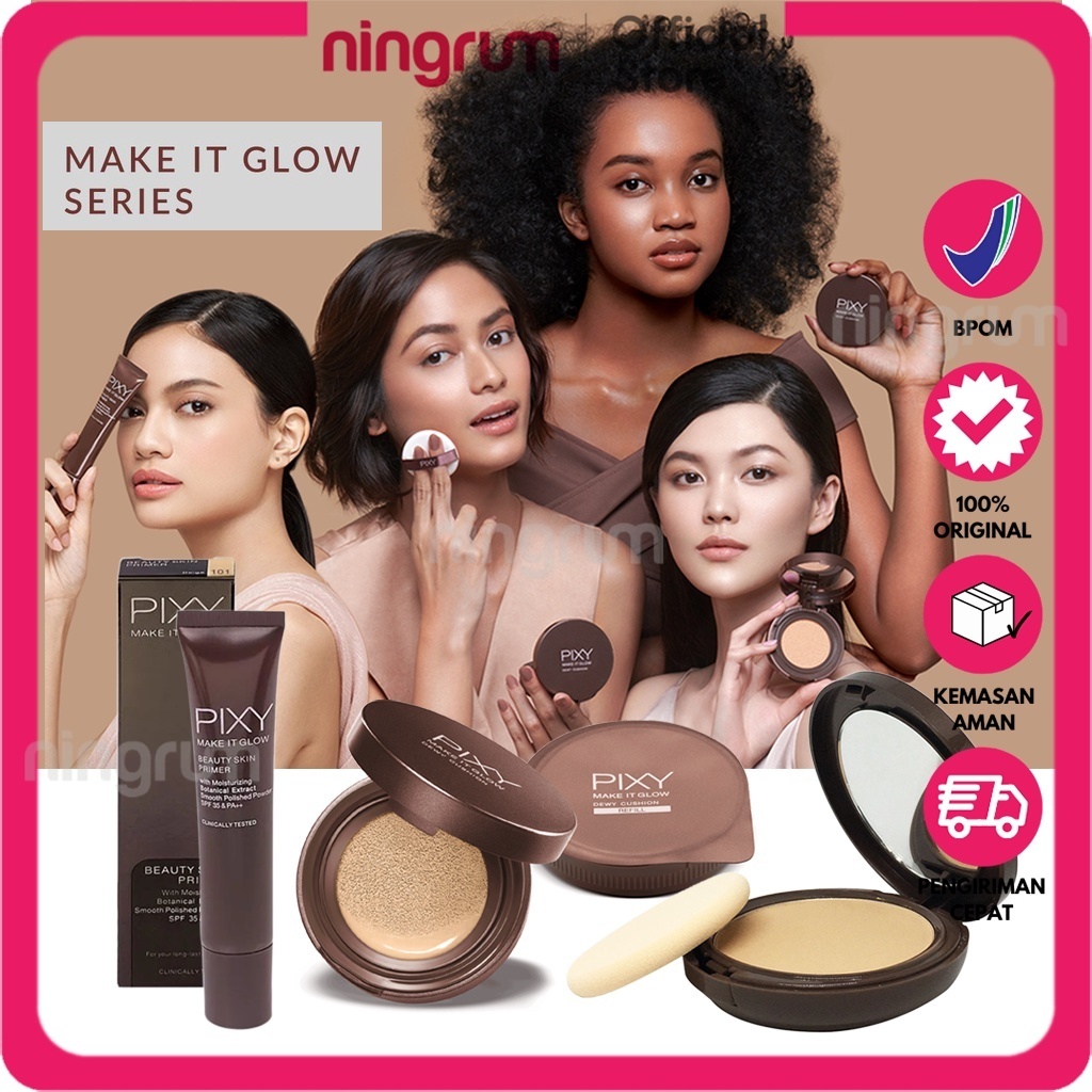 Ningrum - Pixy Make It Glow Series | Pixy Make It Glow Beauty Skin Primer Twin Pack | Pixy Make It Glow Dewy Cushion | Pixy Make It Glow Silky Powdery Cake 100% Original BPOM