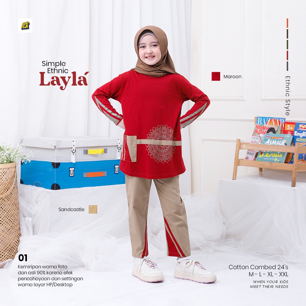 Hooflakids Baju Setelan Anak Perempuan Tanggung Atasan dan Bawahan Simple Ethnic Qais Untuk Usia 5 sampai 12 tahun