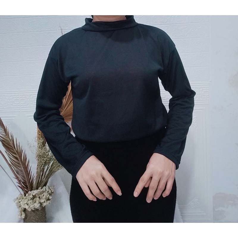 Kaos Lengan Panjang Turtleneck kerah tinggi Bahan PE Rayon