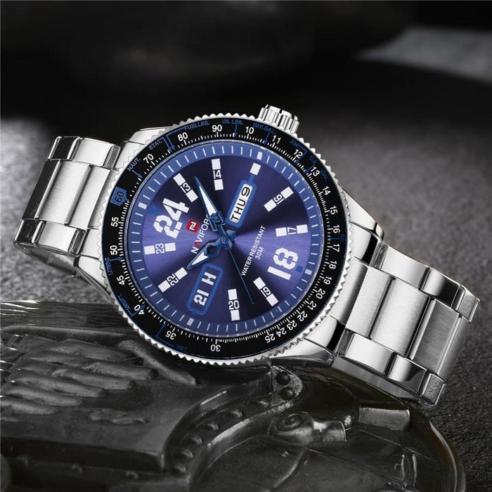 Promo Jam Tangan Pria Cowok Naviforce NF9102 Original Rantai Silver Blue Termurah