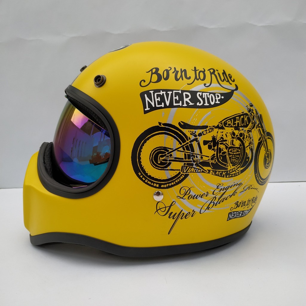 Helm Cakil HBC Born To Ride Yellow + Inner Visor ( Fullface / Retro / Klasik / Vespa )