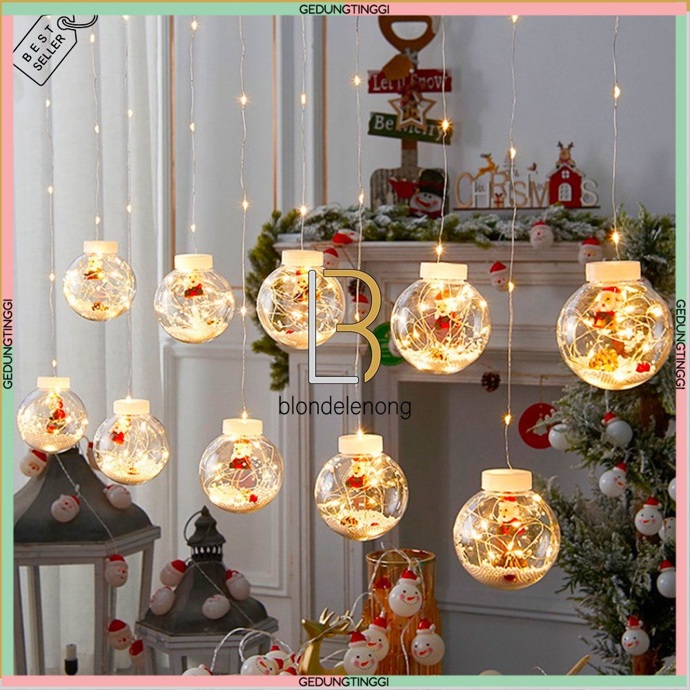 Lampu Tumblr Hias Led Tirai Gantung Dekorasi Santa Claus Snowmen Snowman Pohon Natal Christmas Tree Decoration Tirai Gantung Warna Warni Warm White Kuning Merah Biru Lamp Kabel Transparan Rumah Cafe Taman Kedap Kedip Kelap Kelip Outdoor AntiAir Waterproof