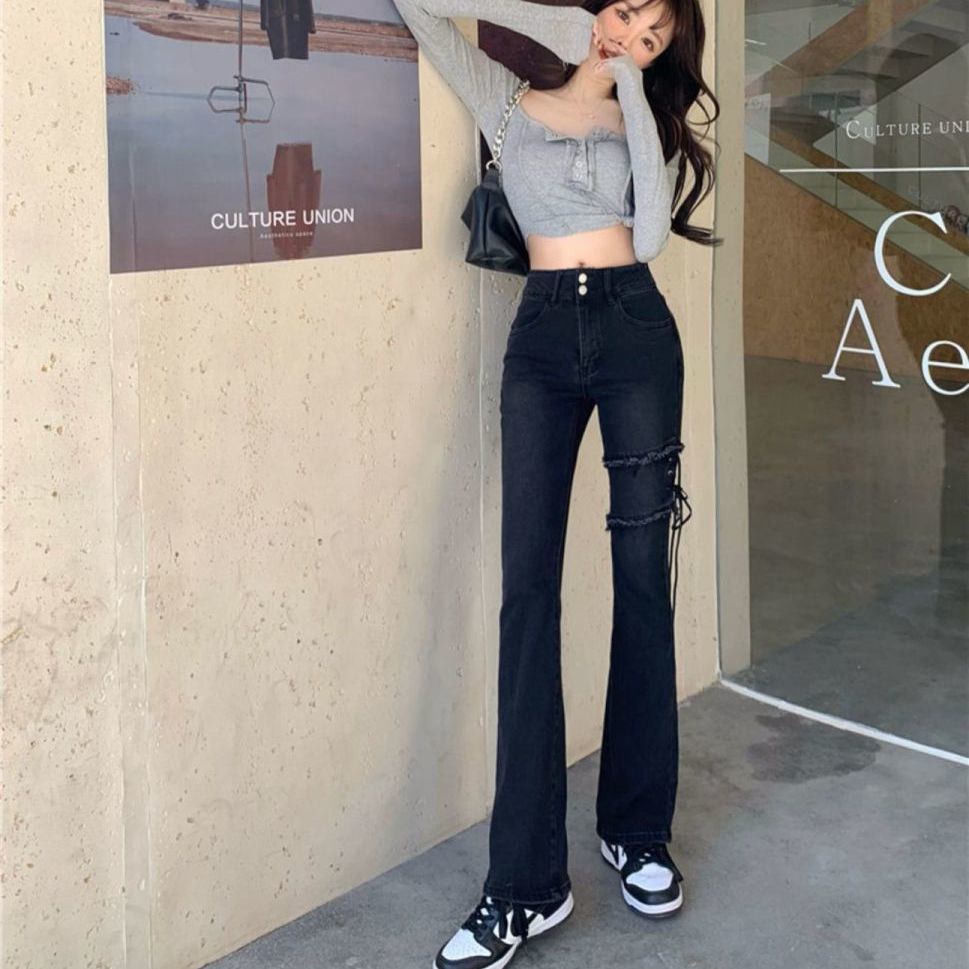 celana jeans pinggang tinggi fashion pengurangan usia denim hitam lurus celana melebar celana stretc