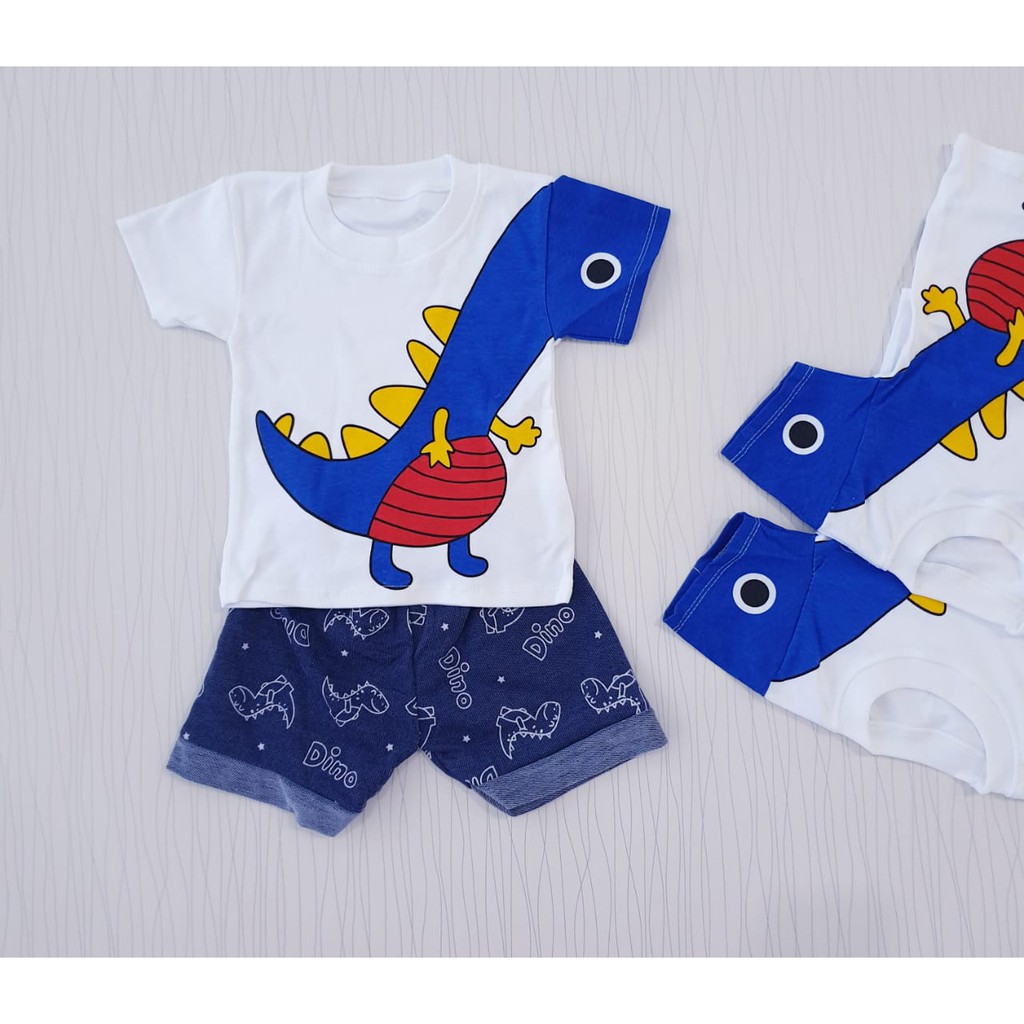 setelan pakaian anak laki laki dino biru / baju bayi  casual