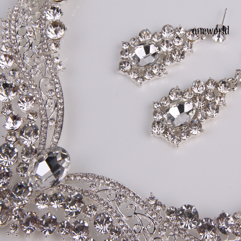 OW@ Wedding Bridal Queen Style Fully Shiny Rhinestone Necklace Earrings Jewelry Set