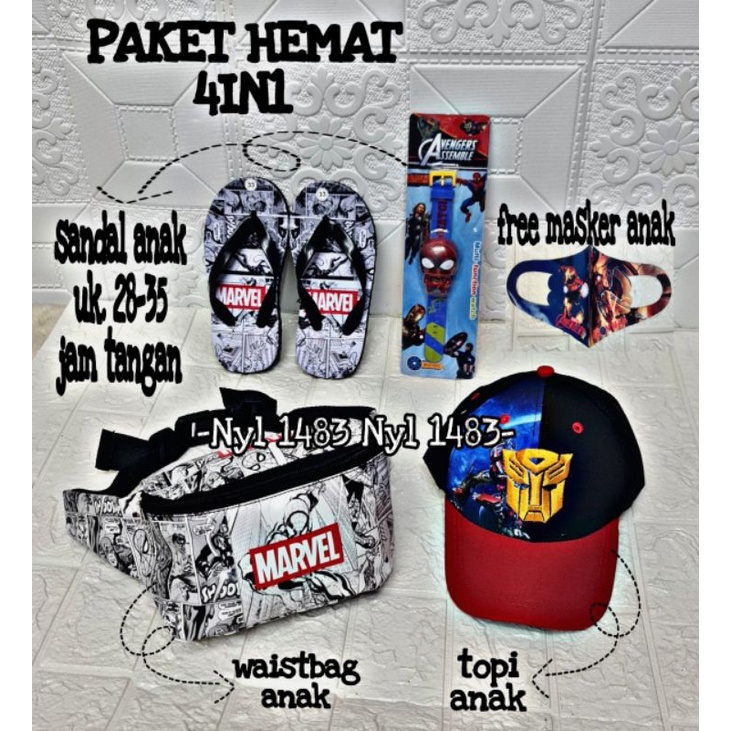 Real pict | Paket hemat 4in1 tas waistbag anak karakter superhero / free topi/ sandal/ jam tanga / masker