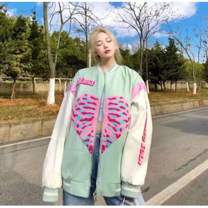 HEART VARSITY JAKET BISBOL WARNA MINT / KOREAN JACKET FASHION /CBIANA JAKET