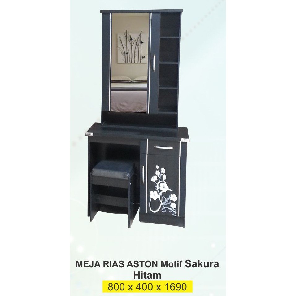 MEJA RIAS MINIMALIS HITAM KACA PINTU BUKA NAKAS TUALET