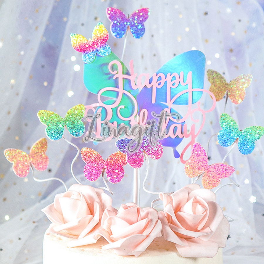 ( Set 3 Pc ) TOPPER CAKE BUTTERFLY / TOPER KUE KUPU - KUPU / HAPPY BIRTHDAY CAKE DECORATION SUPPLIES AESTHETIC / HIASAN BUKET BUNGA / AKSESORIS BOUQUET FLOWER / FLOWER WRAPPING / ACCESORIES KERTAS BUNGA / ESTETIK AEUSTHATIC