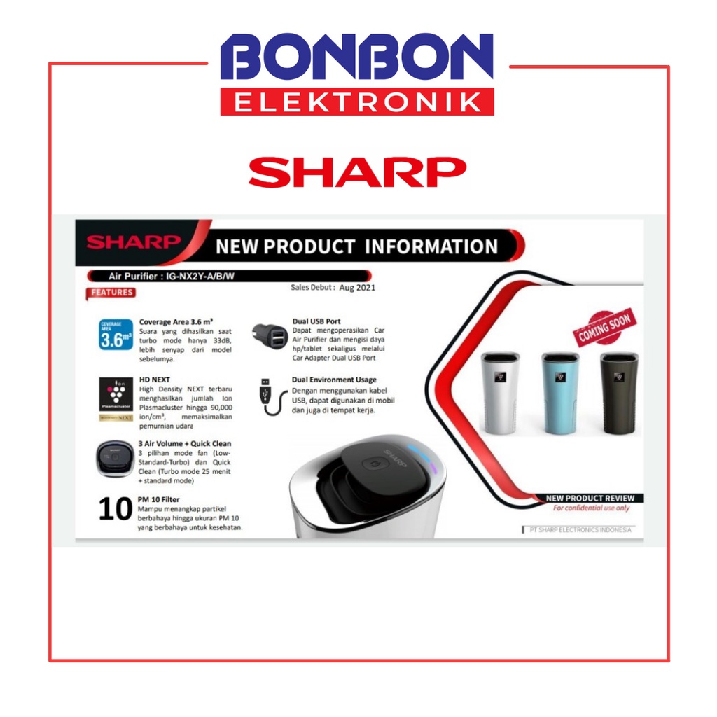 Sharp Car Air Purifier IG-NX2Y-A/B/W High Density NEXT Mobil 3.6m³