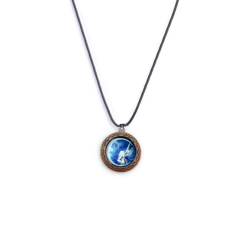 Kalung Rantai Tali Lilin Liontin Kayu Motif Kupu-Kupu Warna Biru Sapphire