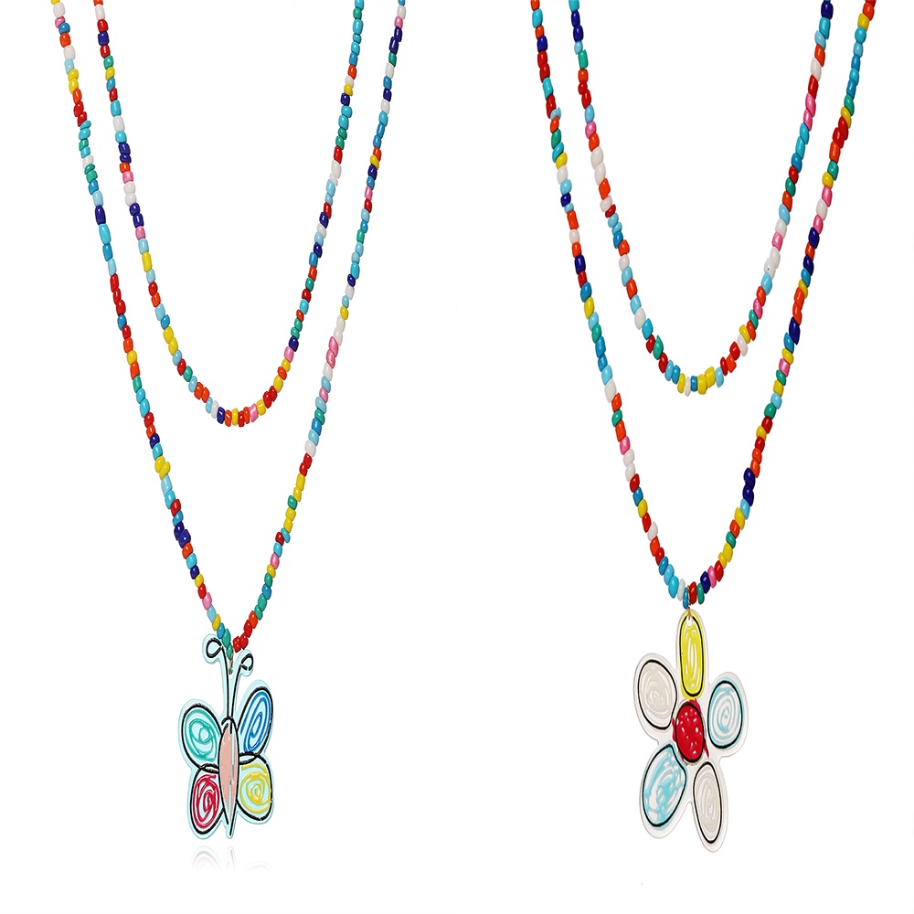 YEEZII Fashion Beads Necklace Colorful Butterfly Flower Pendant Chain Necklaces Bohemian Multilayer Choker Necklace for Women Accessories Jewelry