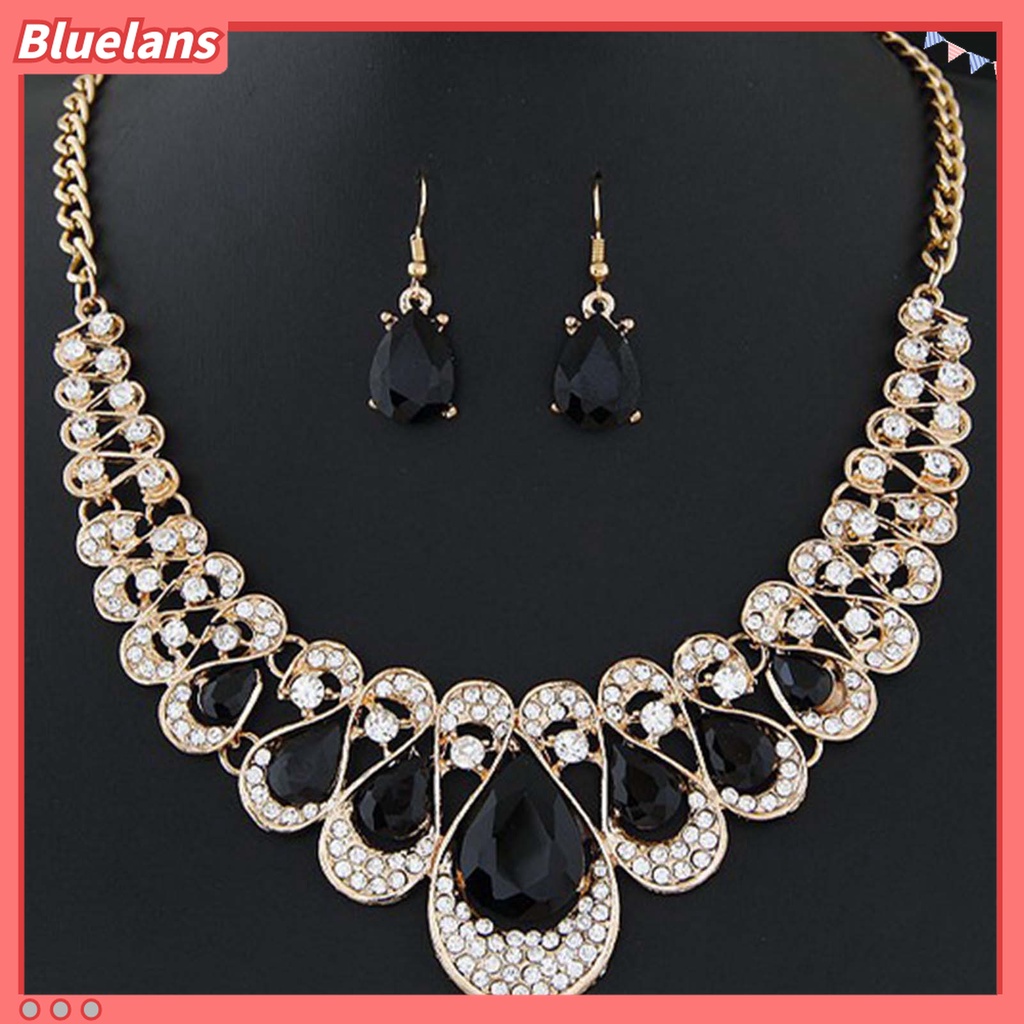 Bluelans 2Pcs / Set Anting Dan Kalung Liontin Batu Permata Imitasi Bentuk Tetesan Air Warna-Warni