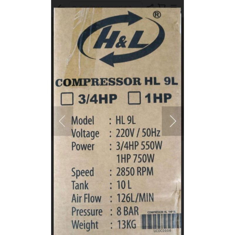 kompresor H&amp;l 3/4hp tangki 9liter