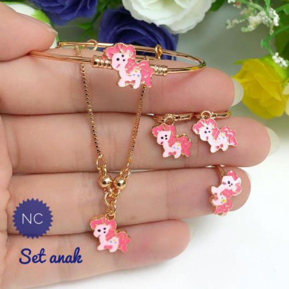 (FEB) PROMO Set Perhiasan ANAK Lapis Emas Xuping Gelang Kalung Cincin Anting Kuda Poni Gold Titanium