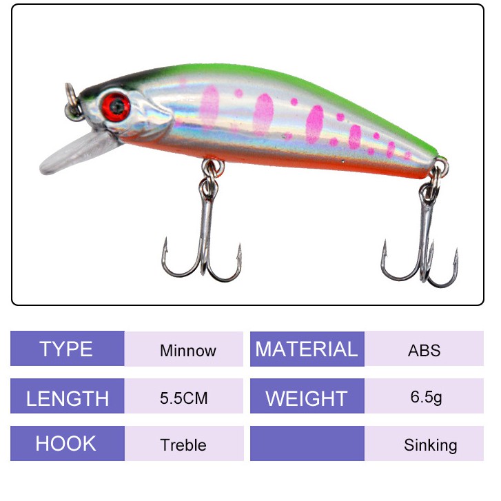 1Pcs New Sinking Minnow Umpan Pancing 55mm 6.5g Fishing Bait 3D Eyes Swimbait Fishing Lure Ikan Kail Bass Wobbler Tackle